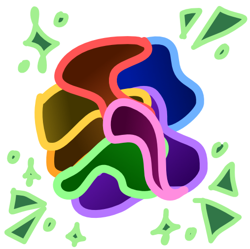 A conglomeration of variously dark blobs with brightly colored line art form a big blob. Around the blob are green sparkles and emphasis triangles, and each blob has a unique slight dark to light value gradient. The image has light line art.